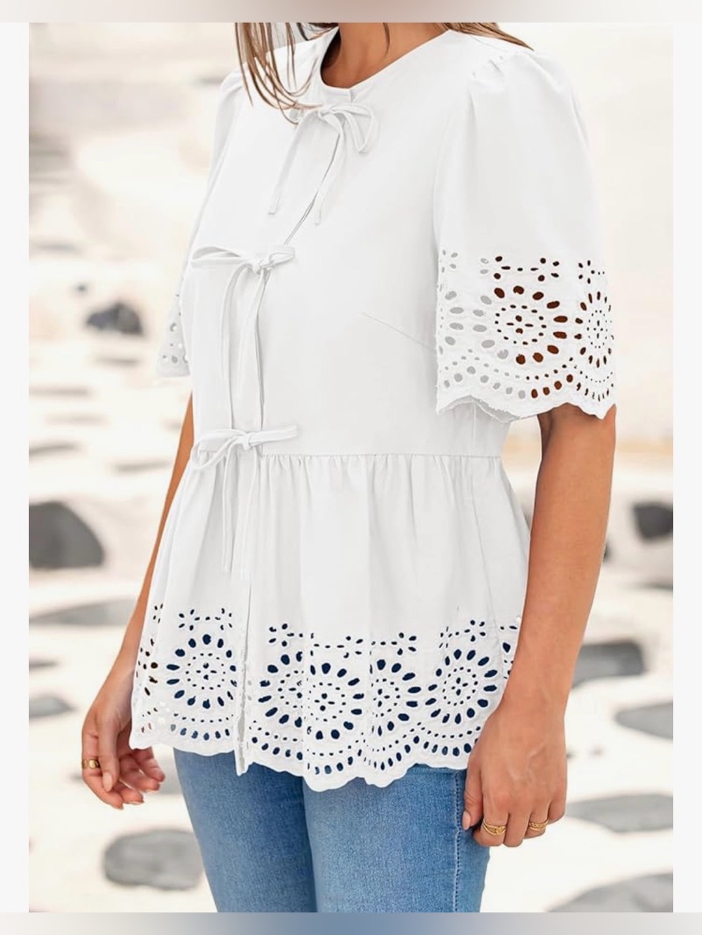 PRETTYGARDEN Tie Front Peplum Top Women’s Summer Short Sleeve Babydoll sz M